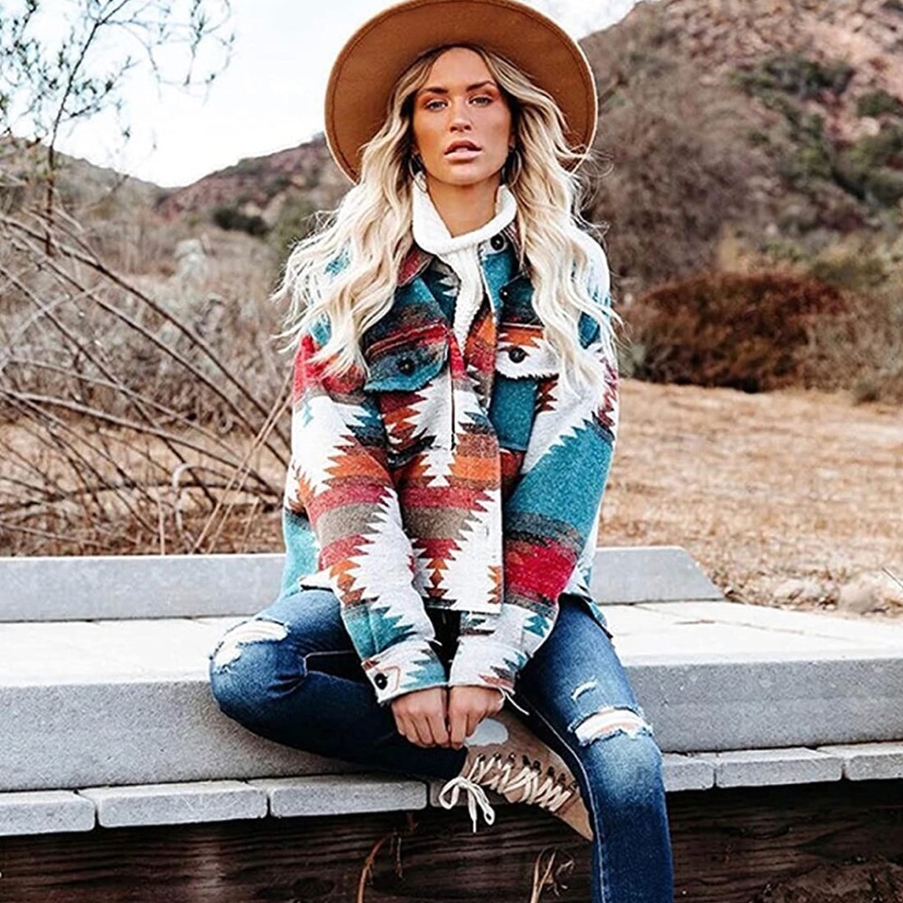 Women's Aztec Print Pattern Shacket Button Down Long Sleeve Wool Jacket Coat